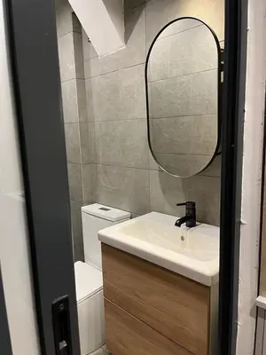 a bathroom with a sink and a mirror and a toilet at Apartment Cvijiceva - Park view in Belgrade