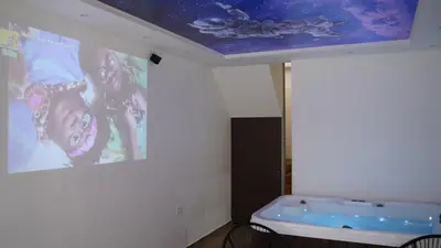 a bath tub in a room with a painting on the wall at Jacuzzi Sensation in Belgrade