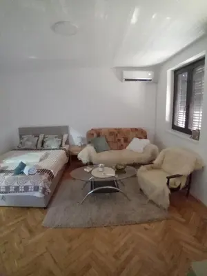 a bedroom with a bed and a couch and a table at Apartman Tanja in Arandjelovac