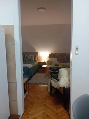 a living room with a bed and a table at Apartman Tanja in Arandjelovac