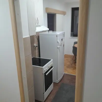 a small kitchen with a stove and a refrigerator at Apartman Tanja in Arandjelovac