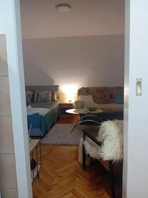 a living room with a bed and a couch at Apartman Tanja in Arandjelovac