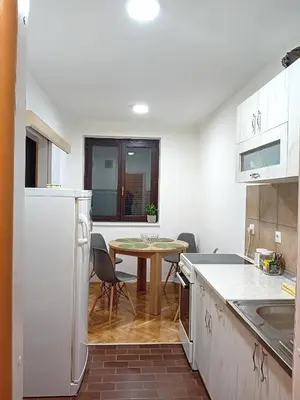 a kitchen with a table and a small table and chairs at Apartman Tanja in Arandjelovac