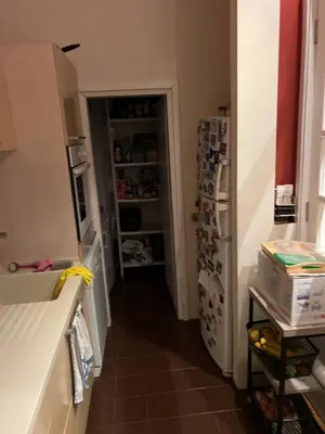 a kitchen with a refrigerator and a hallway at Za studente 15 marta in Belgrade
