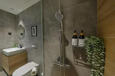 a bathroom with a shower with a toilet and a sink at ZIGZAG Belgrade Waterfront - SIMFONIJA 2 in Belgrade
