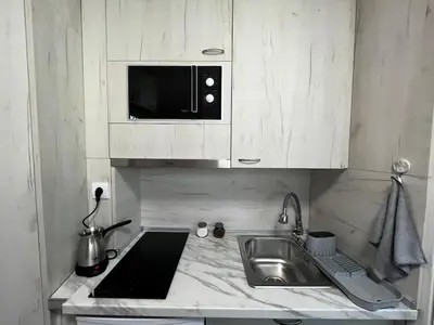 a kitchen with a sink and a microwave at A tiny single room - Macchiato in Belgrade