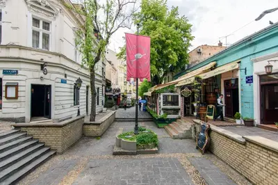 a street with a pink flag on a pole at Prime Location Modern Luxury in Bohemian Skadarlija! in Belgrade