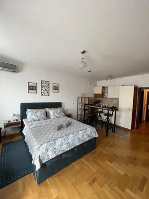 a bedroom with a large bed and a kitchen at Mama in Belgrade