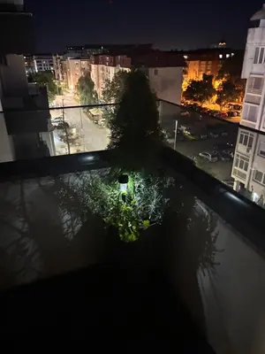 a view of a tree from a balcony at night at Apartman Idila in Ruma