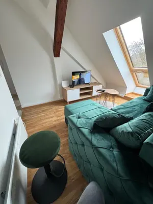 a living room with a green couch and a chair at Central in Pančevo