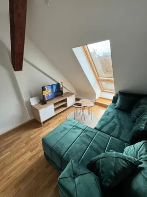 a living room with a green couch and a tv at Central in Pančevo