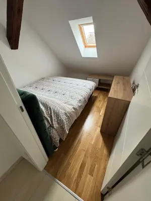 a small bedroom with a bed in the attic at Central in Pančevo