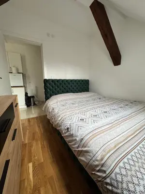 a bedroom with a bed with a green head board at Central in Pančevo