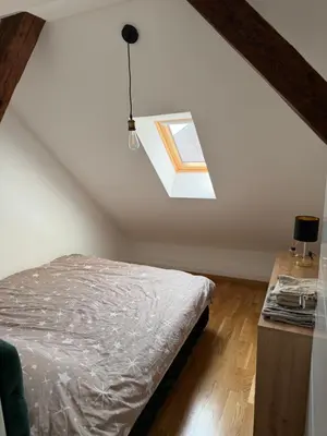 a bedroom with a bed and a skylight at Central in Pančevo