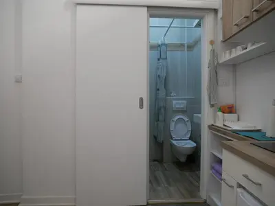 a bathroom with a toilet and a shower at Terazije apartment in Belgrade