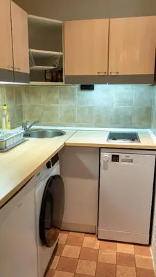a kitchen with a sink and a washing machine at Apartment F14 in Belgrade
