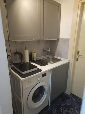 a kitchen with a washing machine and a sink at Apartment Eleon in Belgrade