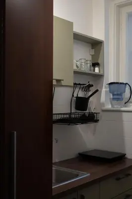 a kitchen with a sink and a shelf with utensils at Belgrade Urban Central Flat in Belgrade
