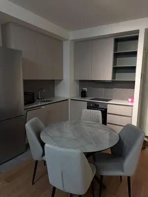 a kitchen with a table and chairs in a kitchen at Belgrade Waterfront Apartment in Belgrade