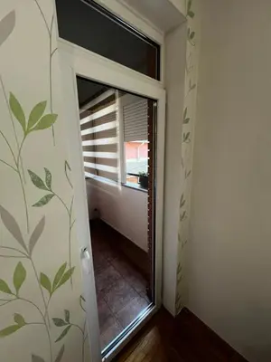 a hallway with a window and a door with a plant mural at Biser 4 in Belgrade