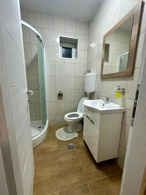 a bathroom with a toilet and a sink and a shower at Apartman 8 in Ruma