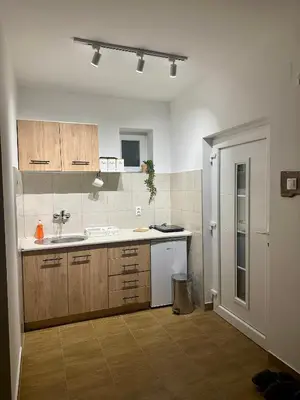 a kitchen with a sink and a counter top at Apartman 8 in Ruma