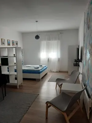 a living room with a bed and a table and chairs at Apartman Centar Surcin in Surčin