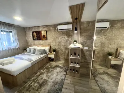 a bedroom with a large bed and a shower at Entire Place In Zemun in Belgrade