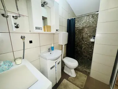 a bathroom with a toilet and a sink and a shower at Entire Place In Zemun in Belgrade