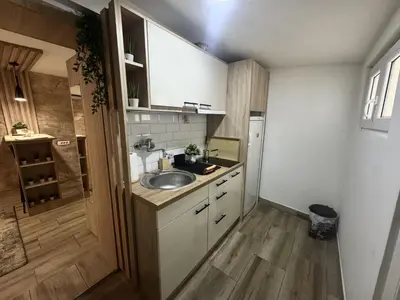 a small kitchen with a sink and a counter at Entire Place In Zemun in Belgrade