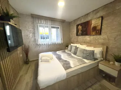 a bedroom with a large bed and a television at Entire Place In Zemun in Belgrade