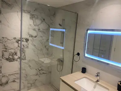 a bathroom with a shower and a sink at Bw Sky View3,Belgrade Waterfront in Belgrade
