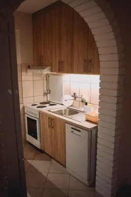 a kitchen with a sink and a stove top oven at Hopovske Terase in Irig