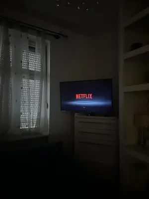 a television in a dark room with a netflix sign on it at Lux Beba Pancevo in Pančevo