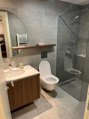 a bathroom with a shower and a toilet and a sink at BW Eterna Apartment in Sajmište