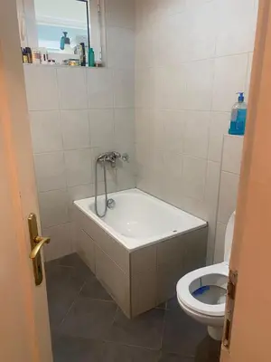 a bathroom with a bath tub and a toilet at Apartman Lux in Belgrade