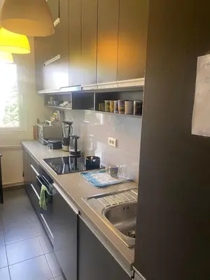 a kitchen with a sink and a counter top at Apartman Lux in Belgrade