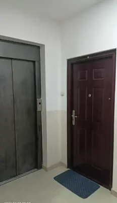 a pair of wooden doors in a room with a blue rug at Ogi apartman in Belgrade