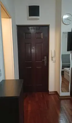a brown door with a television on top of it at Ogi apartman in Belgrade