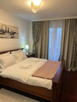 a bedroom with a large bed and a window at Mona Lux apartman in Arandjelovac