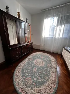 a living room with a large rug and a large window at Hyde park apartments in Belgrade