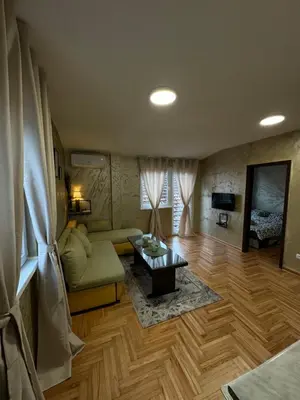 a living room with a couch and a table at Stan na dan Borca in Belgrade