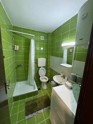 a green tiled bathroom with a toilet and a sink at Stan na dan Borca in Belgrade
