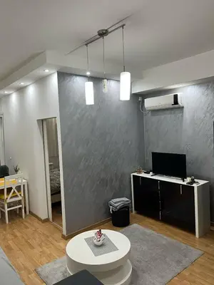 a living room with a gray wall and a table at Studio apartment near the city center in Belgrade