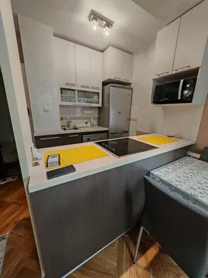 a kitchen with a counter top and a refrigerator at Apartman Miladinović in Belgrade