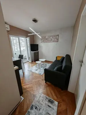 a living room with a black couch and a table at Apartman Miladinović in Belgrade