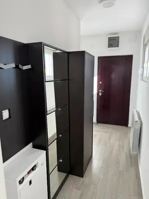 a room with black cabinets and a hallway with a door at Limpio Apartman in Belgrade