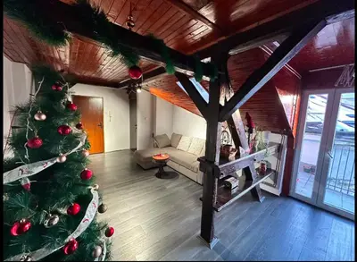 a christmas tree in a living room with a couch at Huge Apartment 100sqm in Belgrade