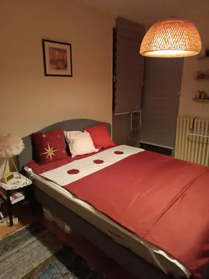 a bedroom with a large bed with red and white sheets at Dunav centar 7 in Smederevo