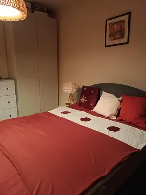 a bedroom with a bed with a red blanket and pillows at Dunav centar 7 in Smederevo